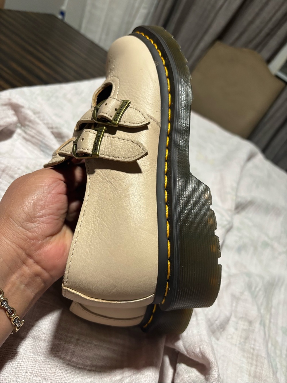 Dr. Martens Mary Jane  Cream T-Bar Double Buckle Shoes - Picture 9 of 11